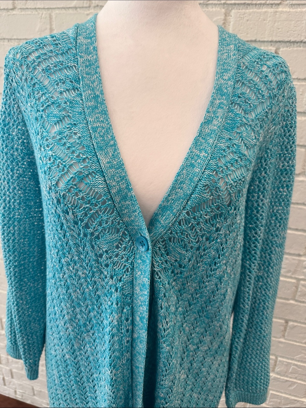 Norm Thompson Teal Open-Knit V-Neck Cardigan
